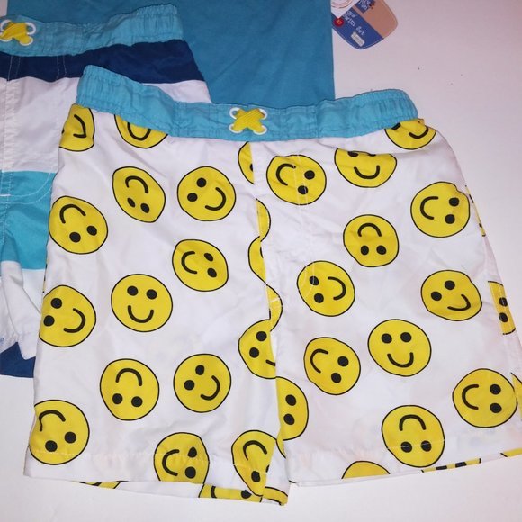 Lily & Dan Boys 3 Piece Swim Set XS Blue Yellow White Stripe Smiley Faces Rash G - Picture 3 of 5